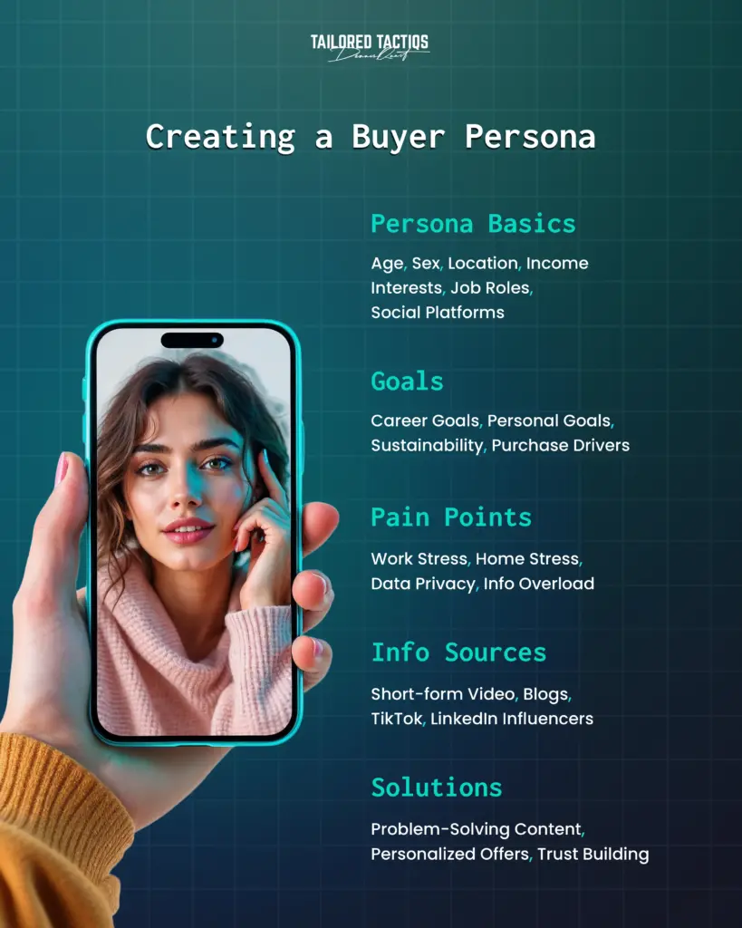 An infographic titled "Creating a Buyer Persona" featuring a smartphone with a person's image and five sections: Persona Basics, Goals, Pain Points, Info Sources, and Solutions. It provides a framework for defining a buyer persona, created by Tailored Tactiqs.
