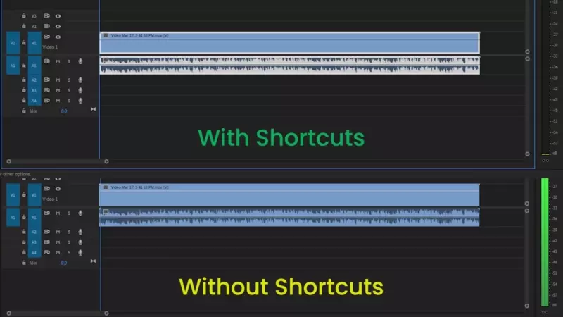 This is a comparison how keyboard shortcuts in Premiere Pro can speed up your workflow.