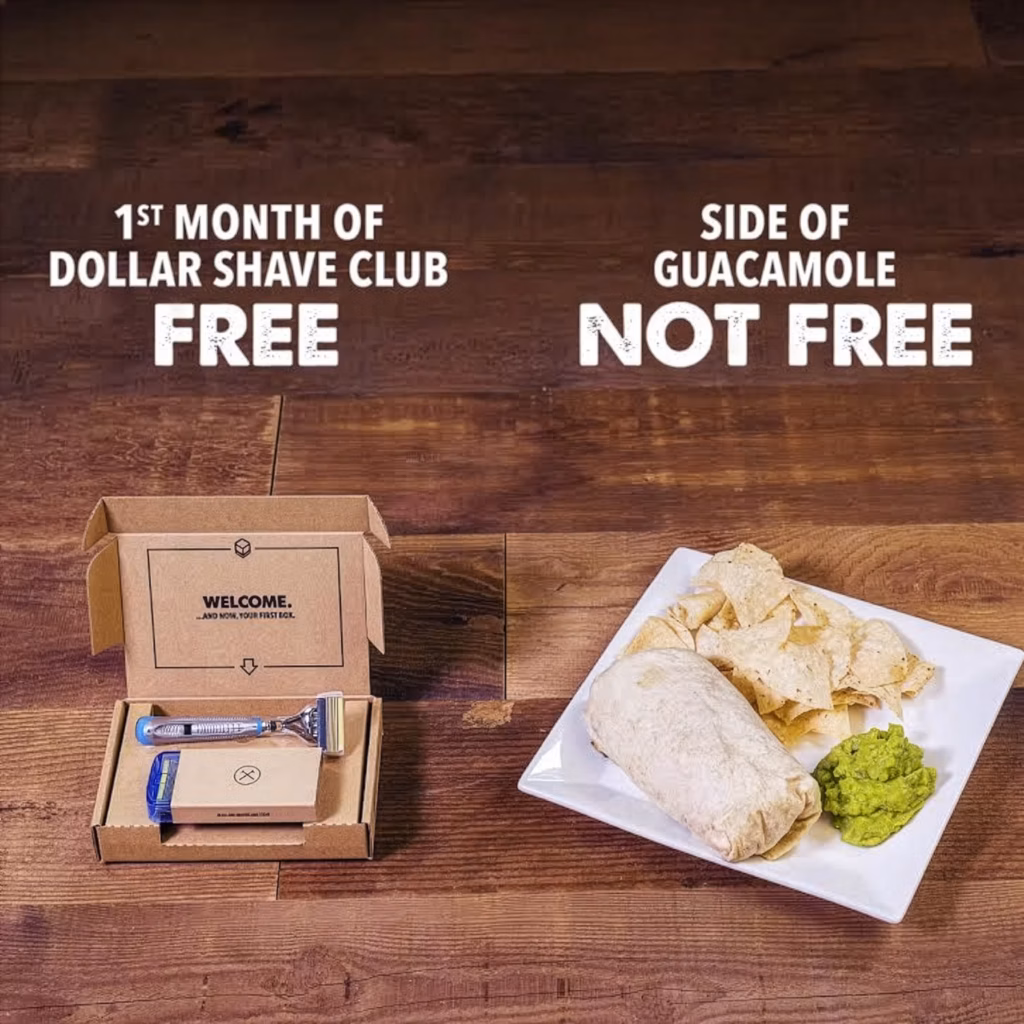 In Dollar Shave Club’s Guacamole ad, the left side shows a welcome package offering a free month of membership, while the right side displays a side of guacamole that isn’t free.