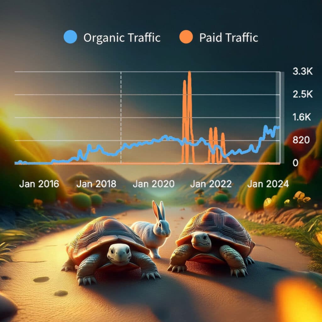 Eine Illustration der Schildkröte, die das Rennen gegen den Hasen gewinnt, symbolisiert die langfristigen Vorteile von organischem Website-Traffic gegenüber bezahlter Werbung.