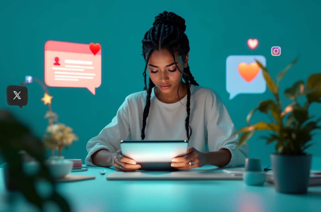 Woman Enjoying Engaging Social Media Content on Tablet