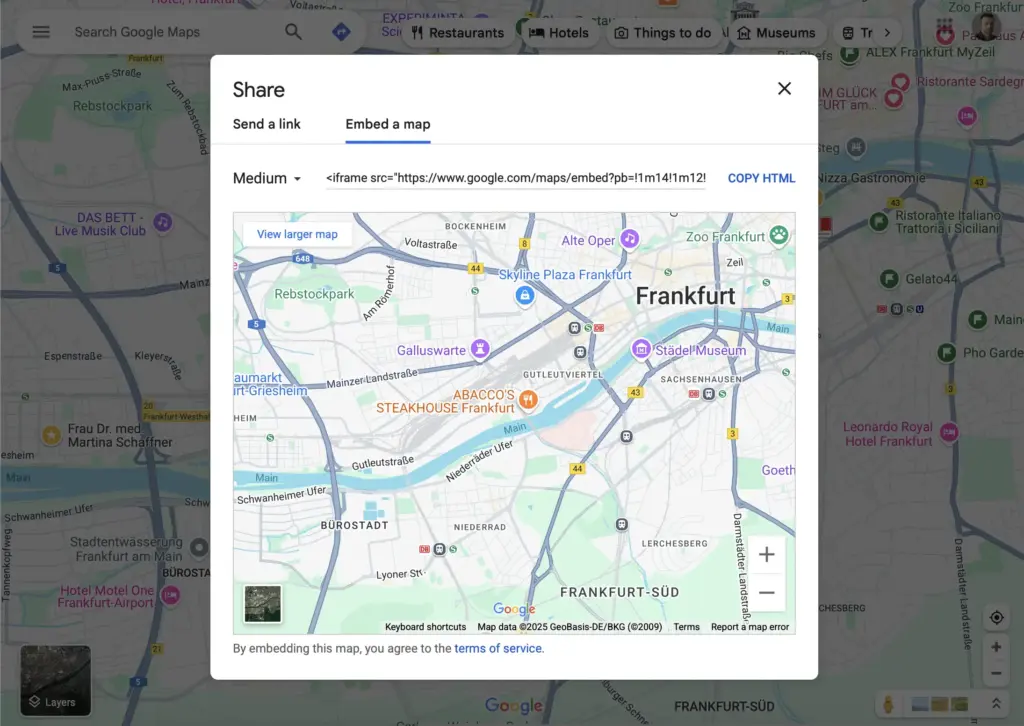 Retrieving the code to embed Google Maps on a website.