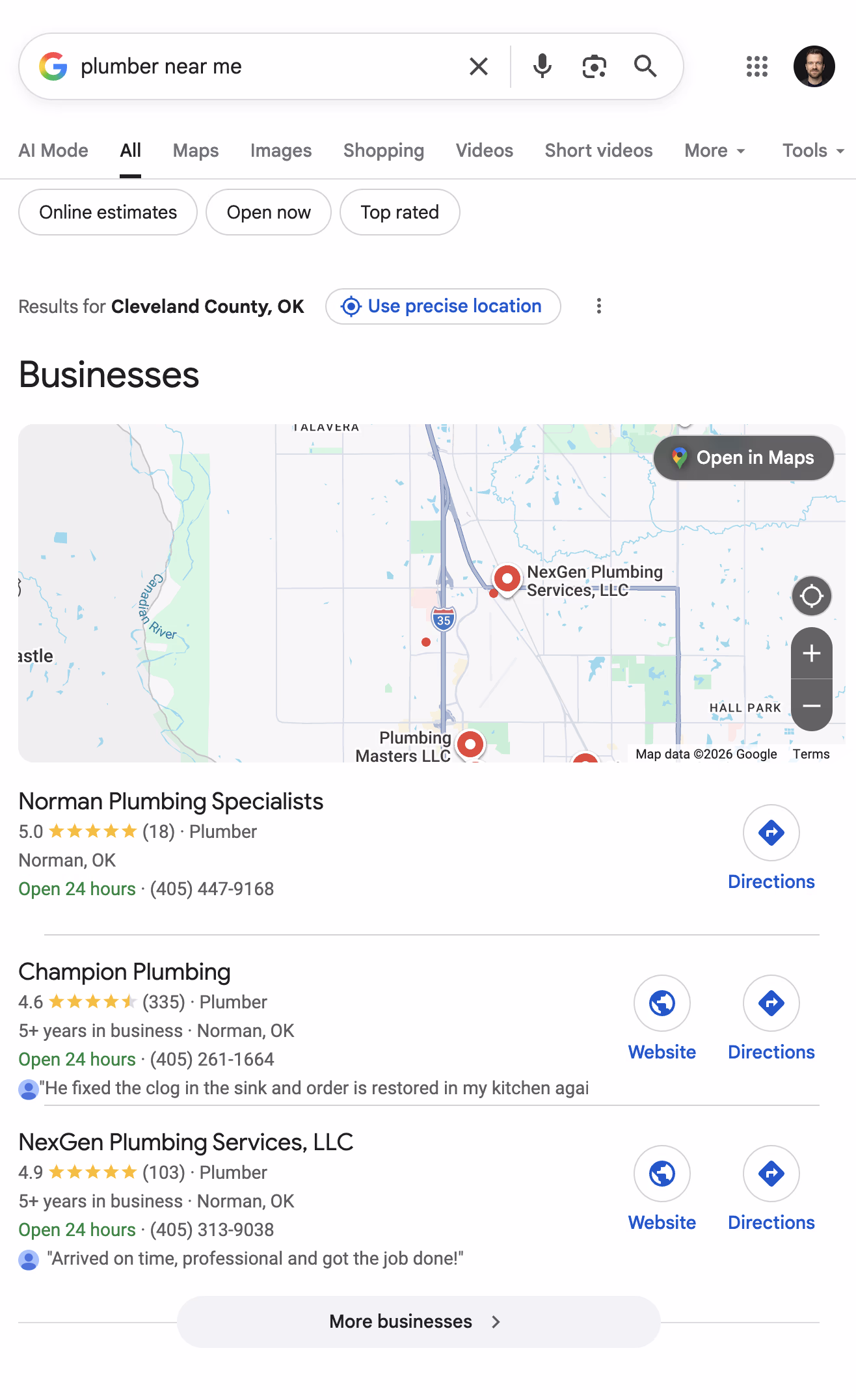A screenshot showing local Google search results for “plumber near me.”