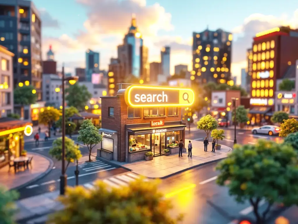 A local business with a search bar hovering over it symbolizes the power of Local SEO Strategies on Google