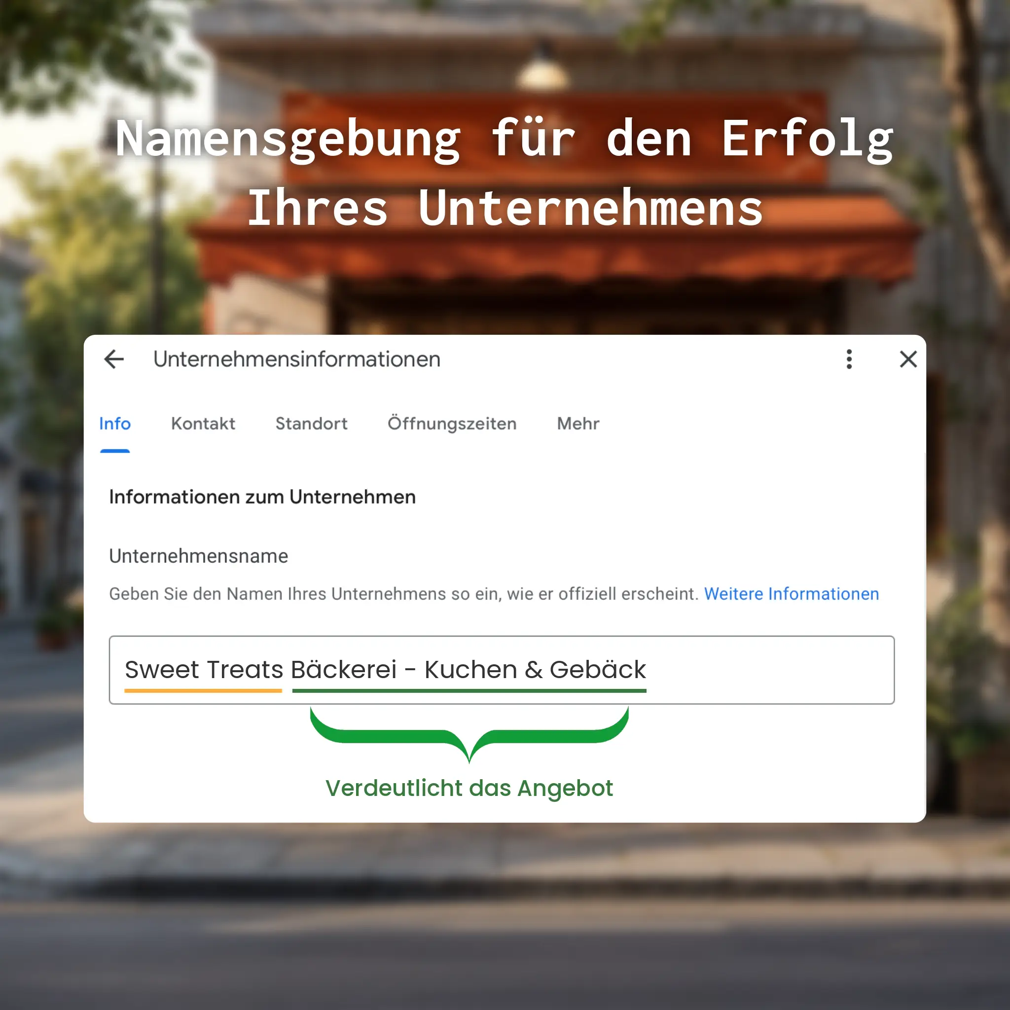 Zeigt ein Beispiel für Geschäftsinformationen auf dem Google Unternehmensprofil, das das Angebot des Unternehmens widerspiegelt.