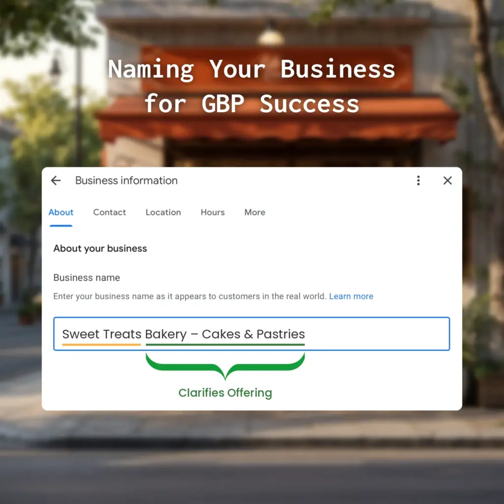 Showing an example of business info on Google Business Profile reflecting the business offering.