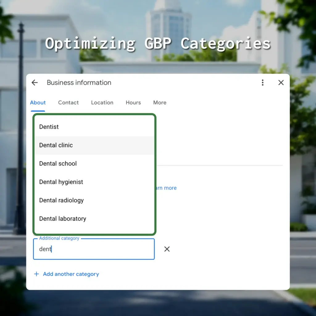 It shows additional categories that can be added to a Google Business Profile related to a dentistry practice.