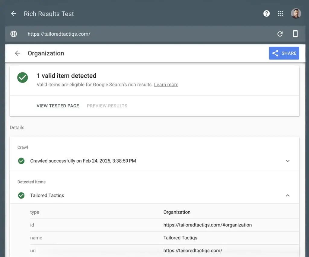 A Rich Results Test inspecting our own Tailored Tactiqs website for additional business info.