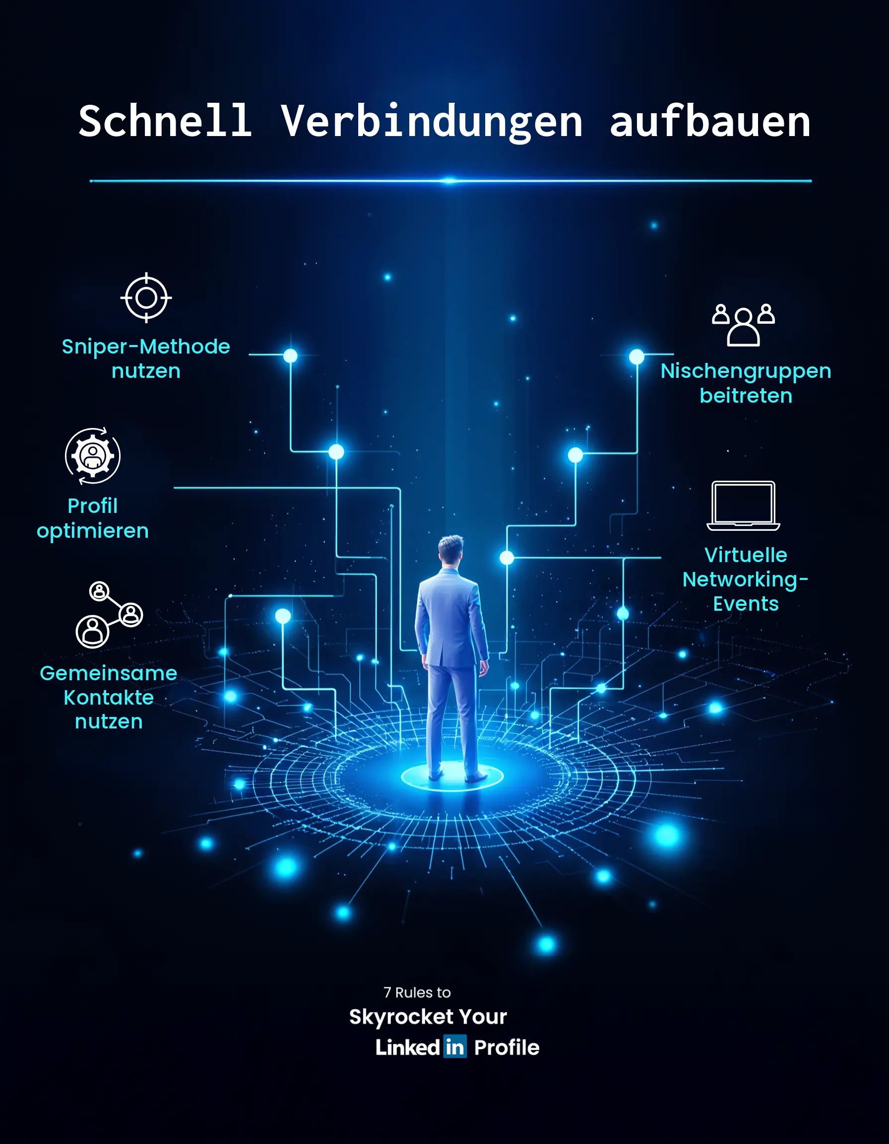 LinkedIn-Strategien für den Erfolg - Knüpfen Sie schnell Kontakte, indem Sie die Sniper-Methode anwenden, Ihr Profil optimieren, gegenseitige Verbindungen nutzen, Nischengruppen beitreten und an virtuellen Networking-Veranstaltungen teilnehmen.