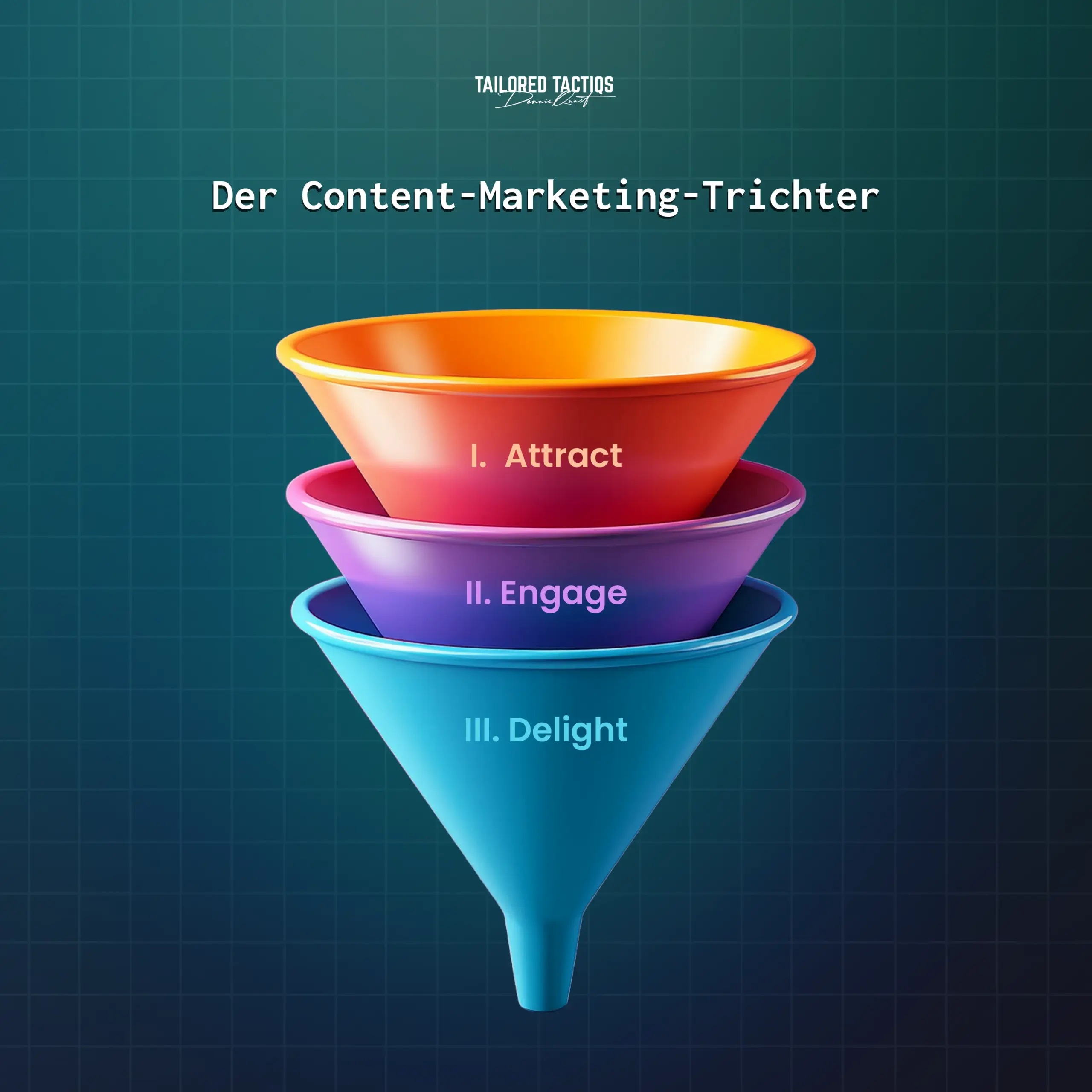 Eine Infografik mit dem Titel "Der Content Marketing-Trichter", die einen dreistufigen Trichter darstellt: I. Anziehen (orange), II. Einbinden (lila) und III. Begeistern (blau). Der Trichter verengt sich von oben nach unten und veranschaulicht die Customer Journey im Content Marketing, erstellt von Tailored Tactiqs.