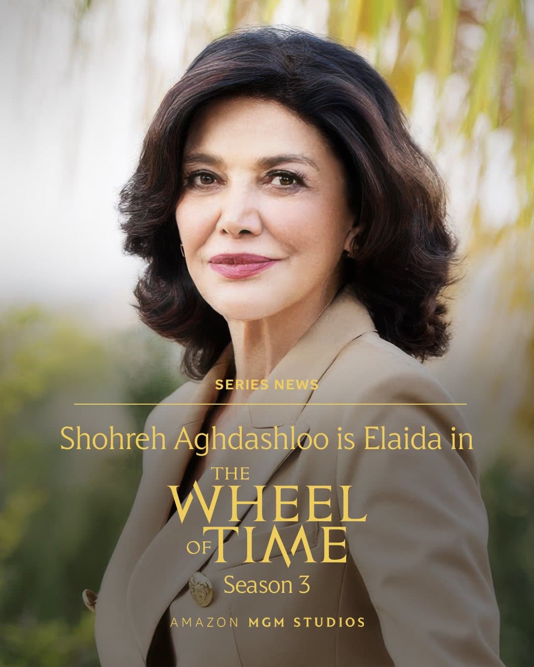 Werbeplakat zur Ankündigung der Besetzung von Shohreh Aghdashloo als Elaida Sedai in Das Rad der Zeit, Staffel 3.