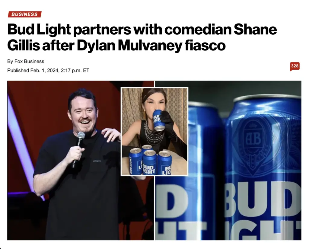 A screen capture of a New York Post article about the announcement of Bud Light's partnership with comedian Shane Gillis for a realignment of their Brand Identity.