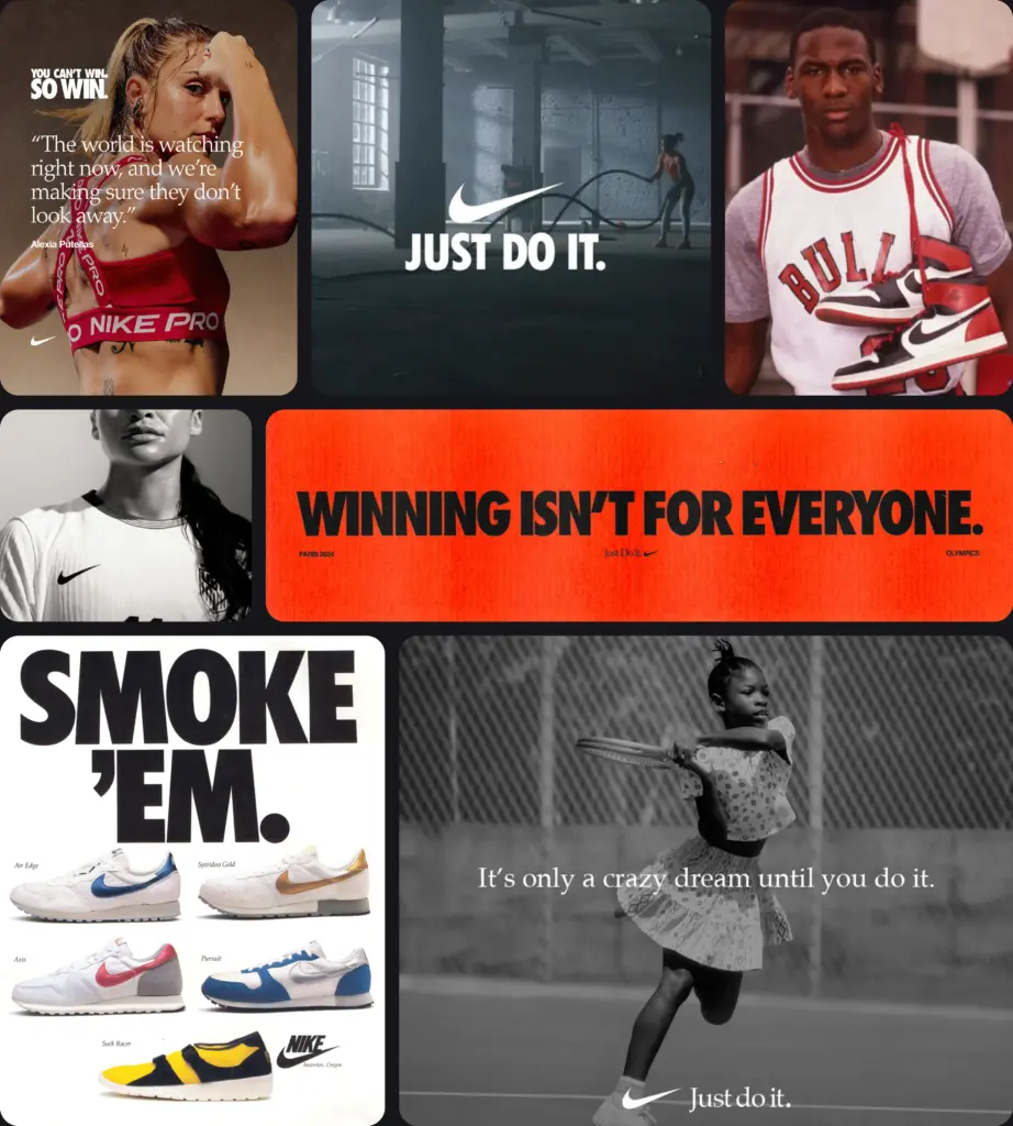 Nike's strong brand identity is showcased with the many successful marketing campaigns like "Just do it" and "So win".