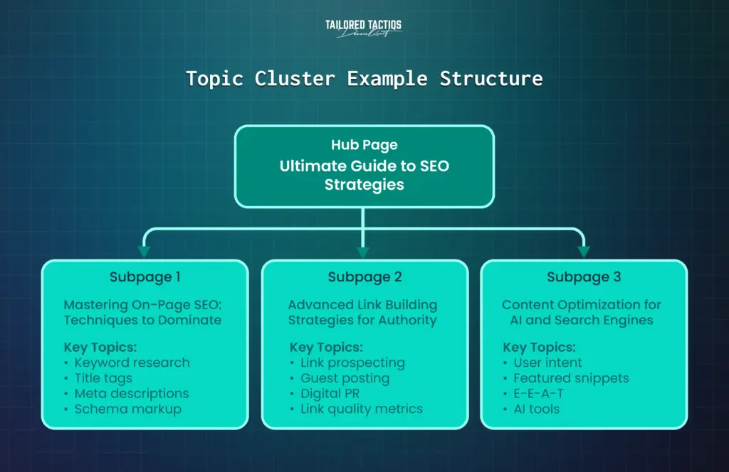 A topic cluster example structure for "SEO Strategies". This approach helps with your LLM Optimization and LLM Visibility.