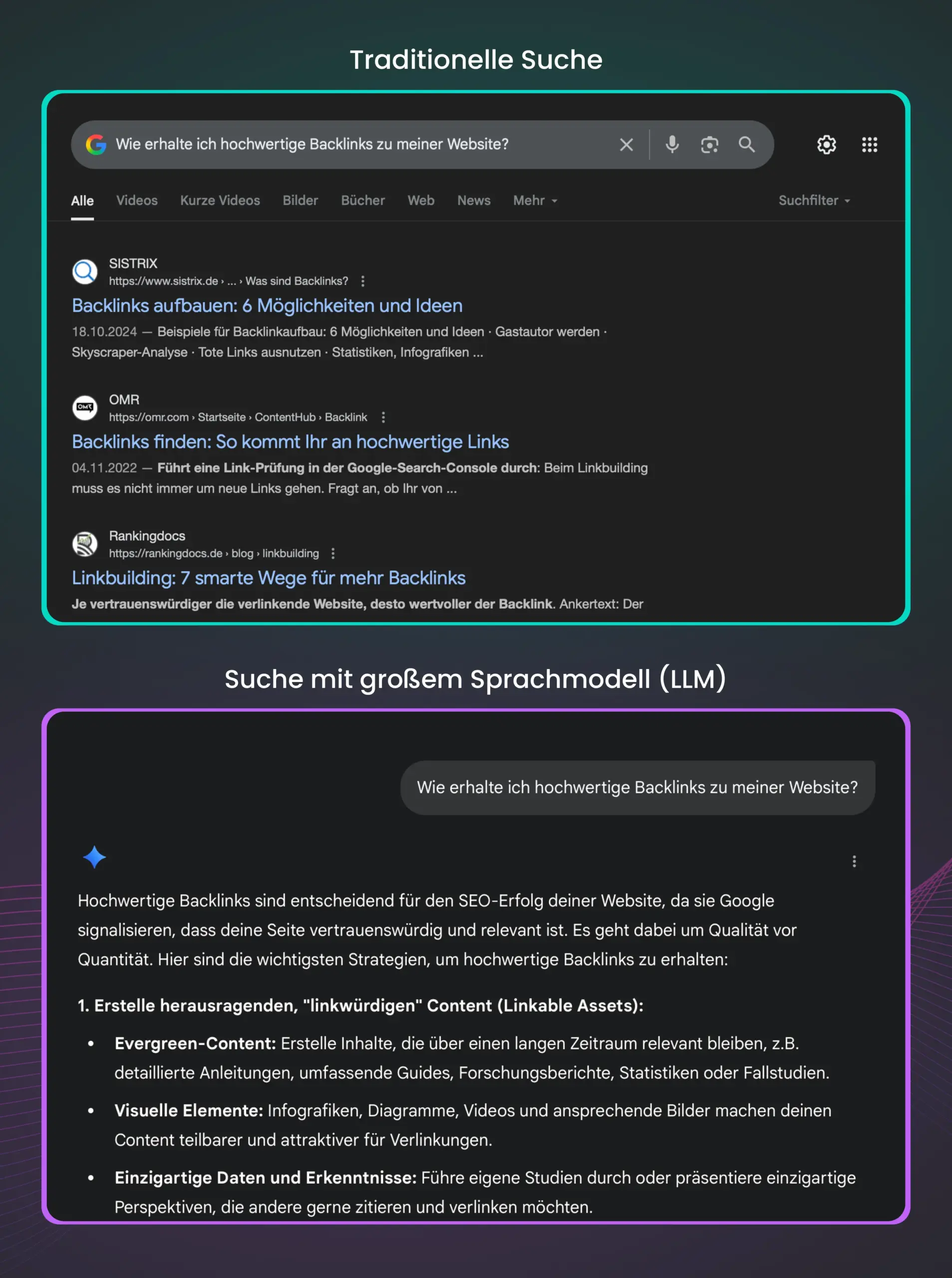 Vergleich der herkömmlichen Suche mit der Suche auf der Grundlage eines großen Sprachmodells (LLM).