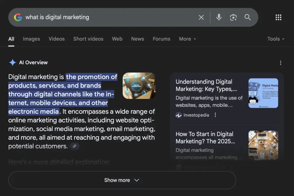 The SERP of "What is Digital Marketing" with Google's AI Overview Summary.