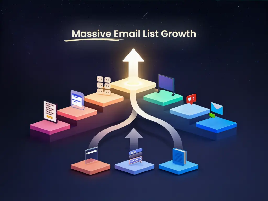 An elaborate graphic for 10 steps to massive email list building growth