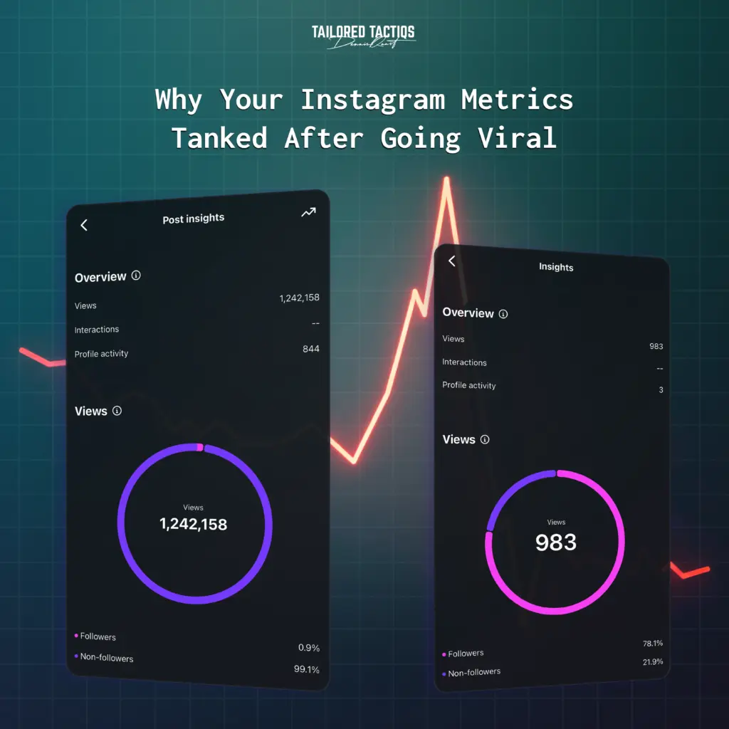 A showcasing of Instagram metrics during a viral social media moment and the falling reach after it. Advanced Instagram Growth strategies don't rely on one-hit wonders.