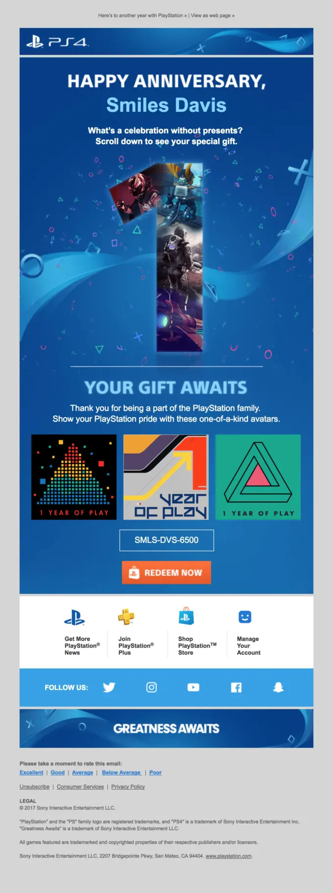 Sony PlayStation sends an anniversary email that comes with a special gift coupon.