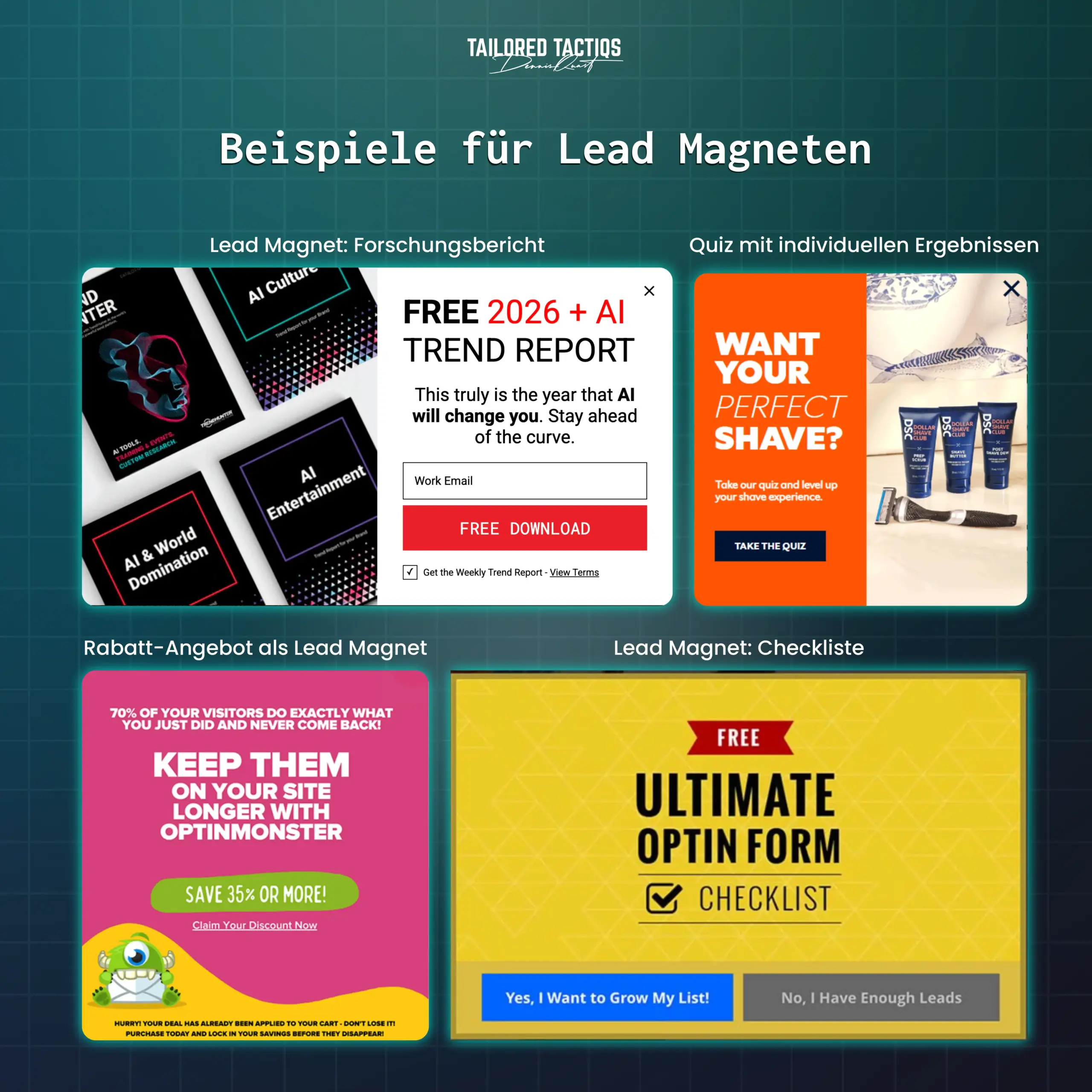 Eine Sammlung von Beispielen für Lead-Magneten, die Ihre Bemühungen zum Aufbau von E-Mail-Listen unterstützen, z. B. Forschungsberichte, Quizfragen, Rabatte und Checklisten.