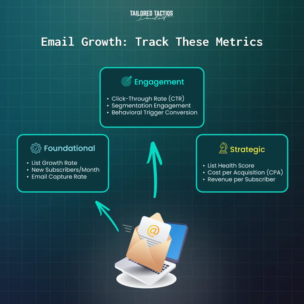 Email List Building: Monitor foundational, engagement, and strategic metrics to optimize your campaigns.