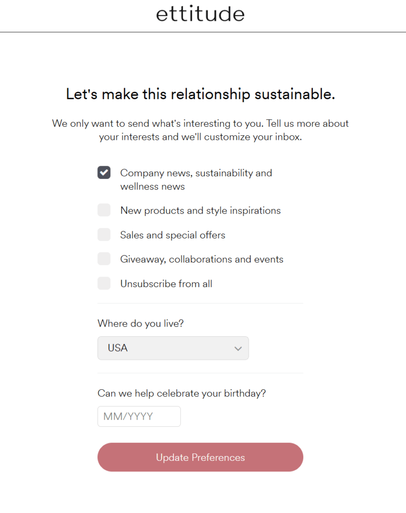 A screenshot of Ettitude's preference center.