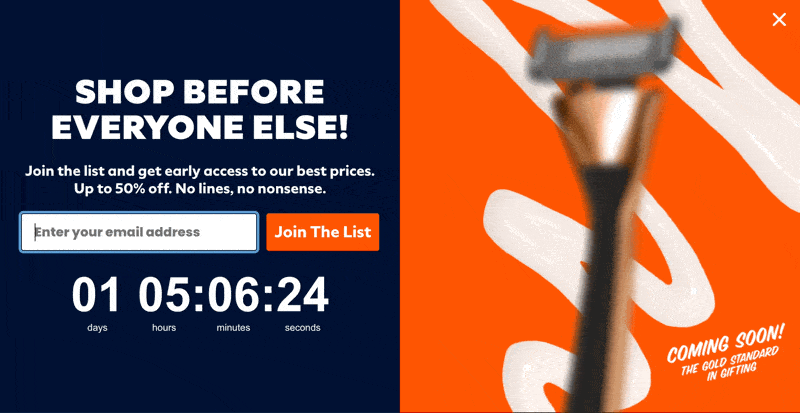 Exit-intent popup from Dollar Shave Club offering 50% off to create urgency and encourage sign-ups.