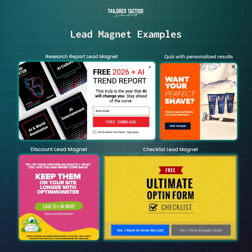 A collection of lead magnet examples to support your email list building efforts, such as research reports, quizzes, discounts, and checklists.
