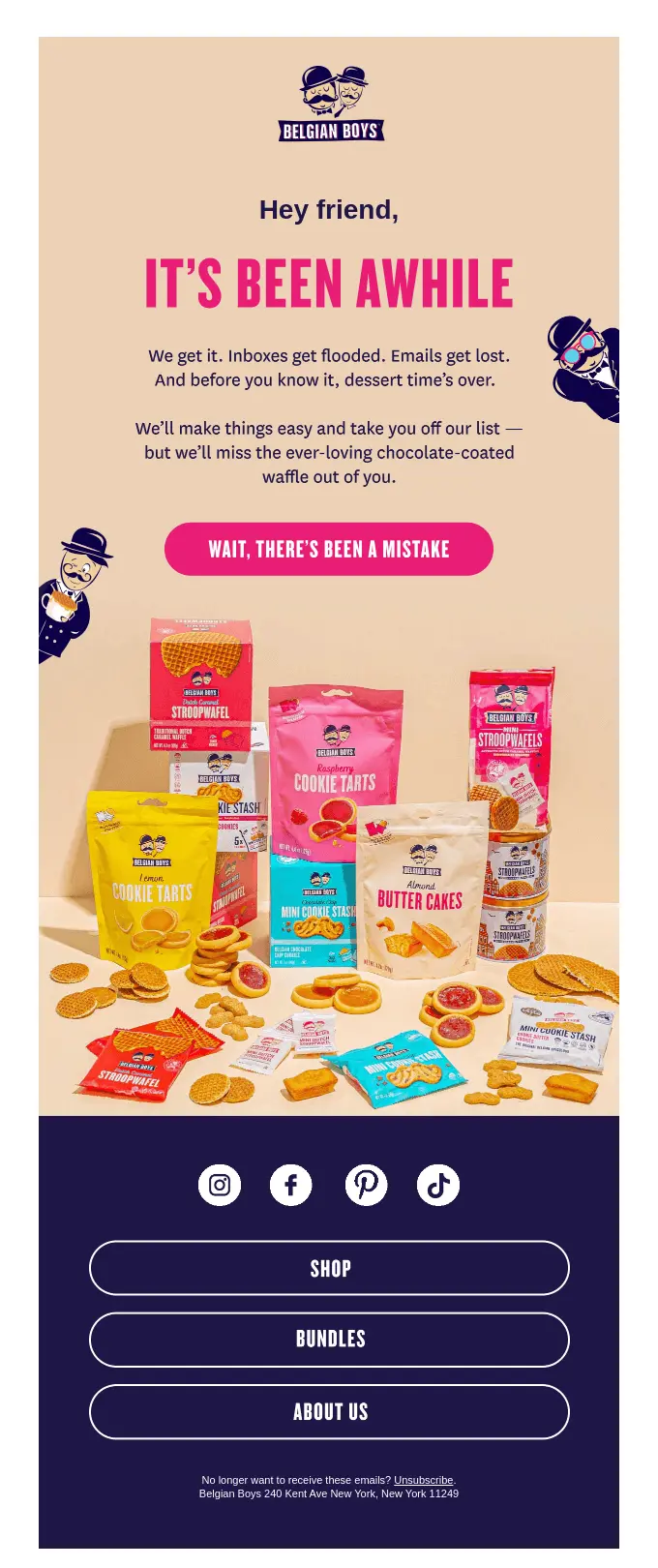 This is an example of a re-engagement email that Belgian Boys sent to a subscriber.