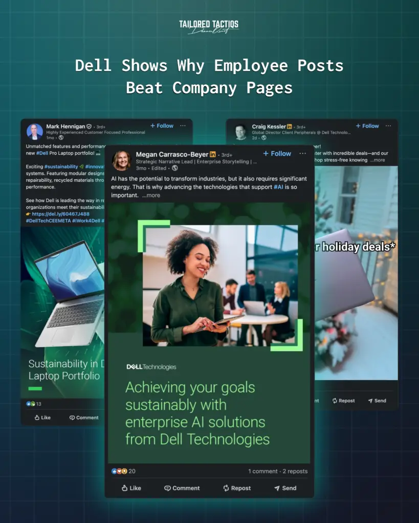 A few examples of LinkedIn posts by Dell employees, created through Dell's B2B Employee Advocacy Program.