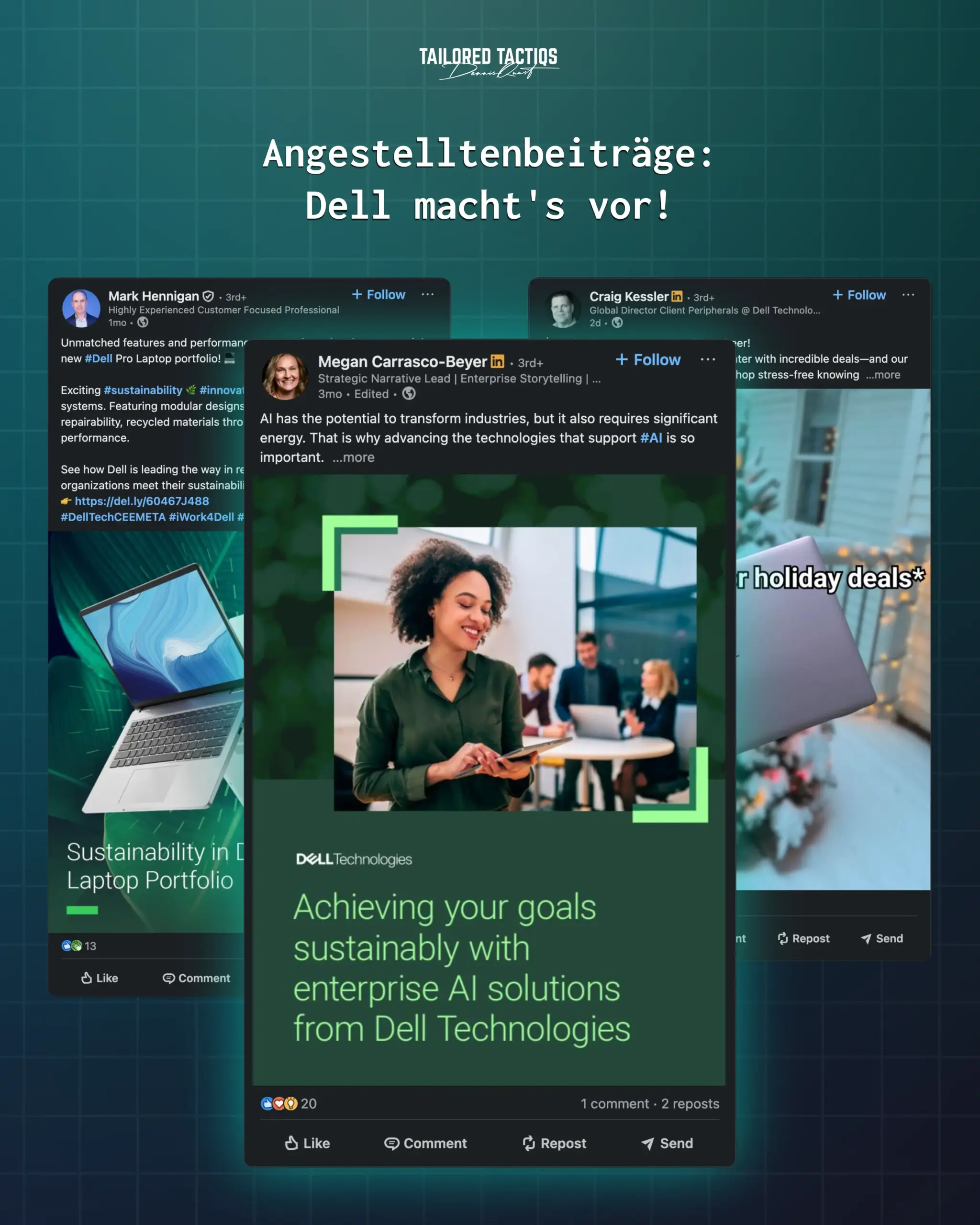 Einige Beispiele für LinkedIn-Beiträge von Dell-Mitarbeitern, die im Rahmen des B2B Employee Advocacy Program von Dell erstellt wurden.