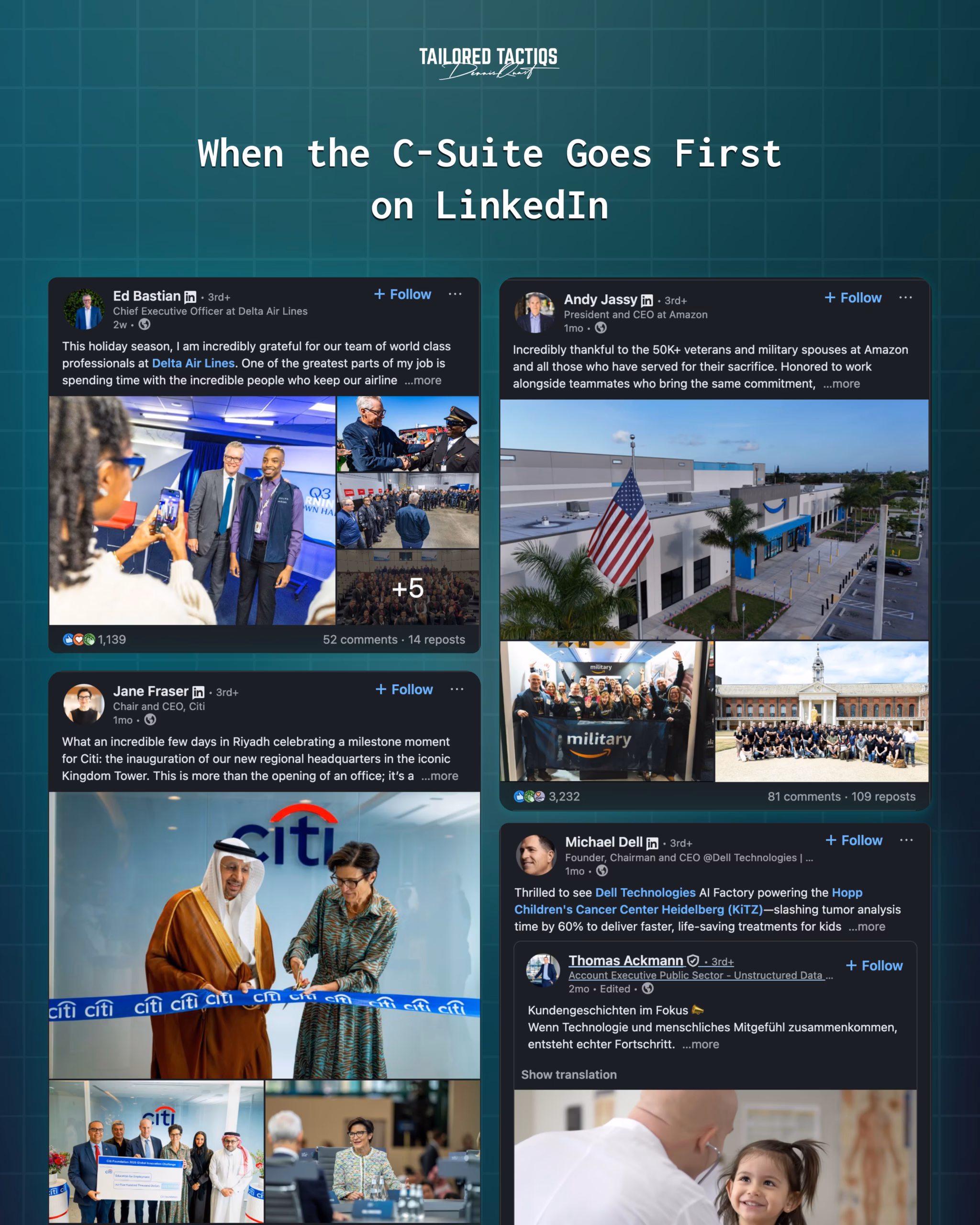 Screenshots of posts from the CEOs of Amazon, Delta Air Lines, Dell, and Citi that highlight how executive leadership can drive LinkedIn advocacy across their organizations.