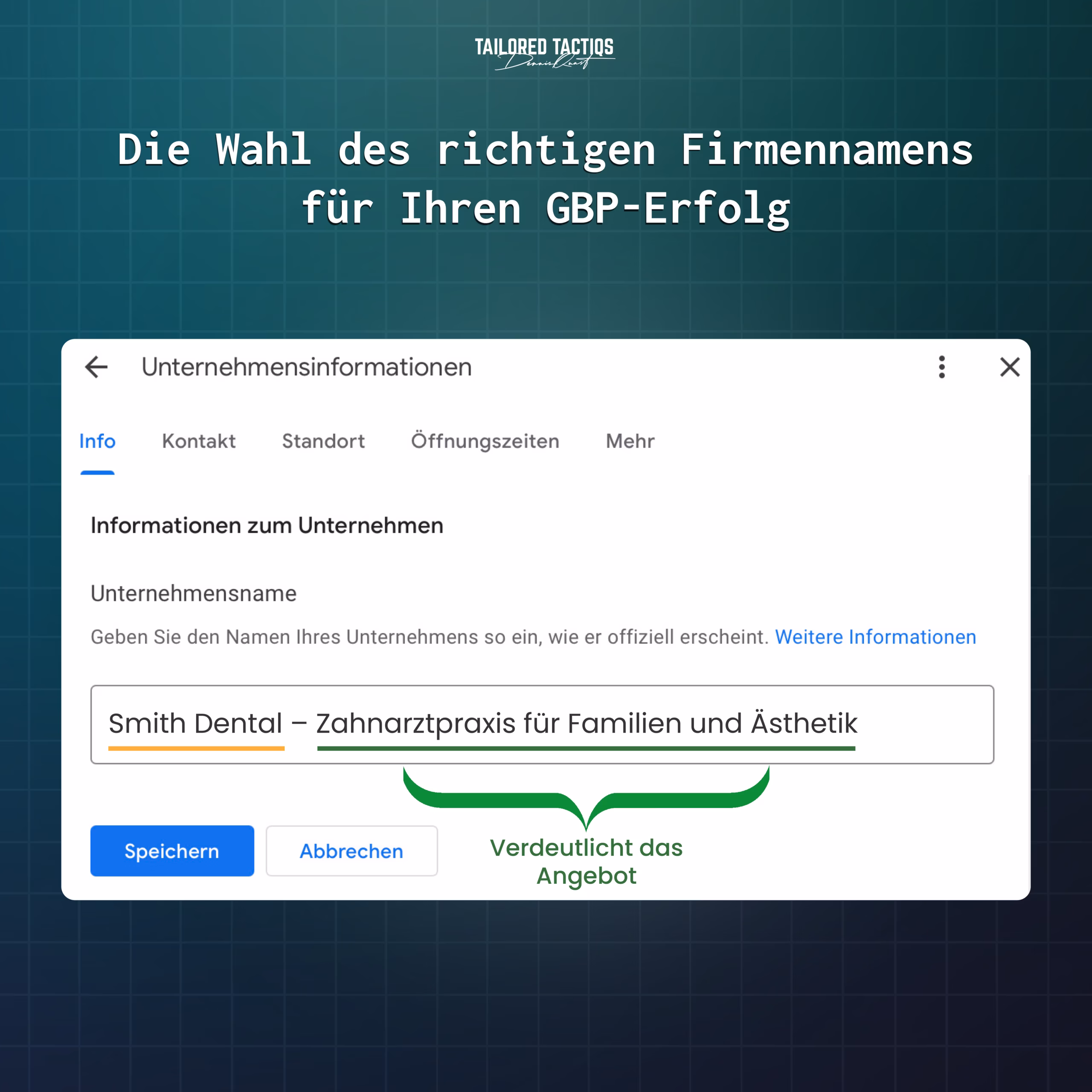 Dies ist ein Screenshot aus dem Bereich „Unternehmensinformationen“ im Google-Unternehmensprofil. Er veranschaulicht, wie die Namensgebung Ihres Unternehmens Ihren Erfolg mit lokalen SEO-Strategien steigern kann.