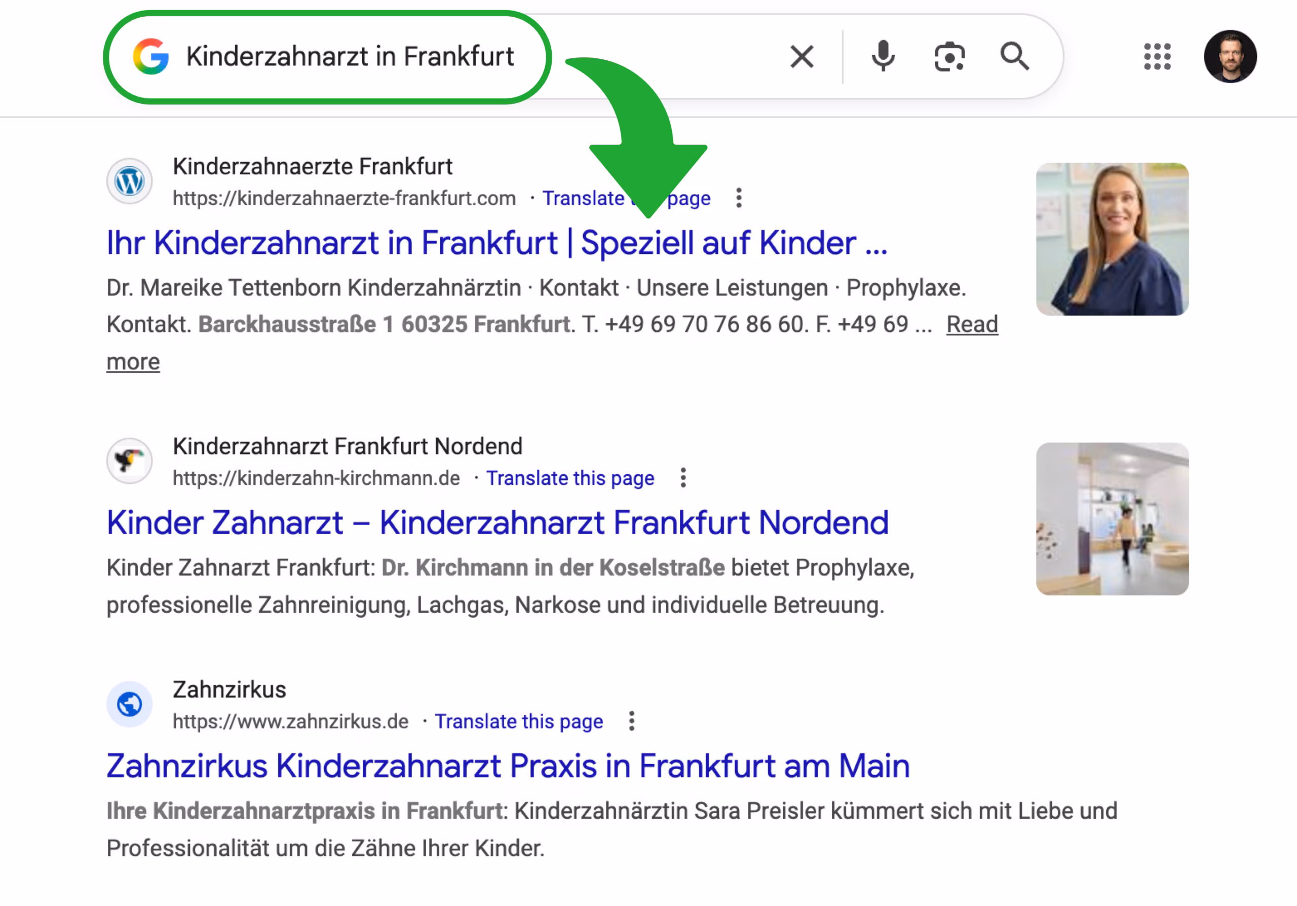 Hier ist ein Beispiel für optimierte Landingpages, die auf das Longtail-Keyword “Familienzahnarzt in Austin” in der Google-Suche abzielen.