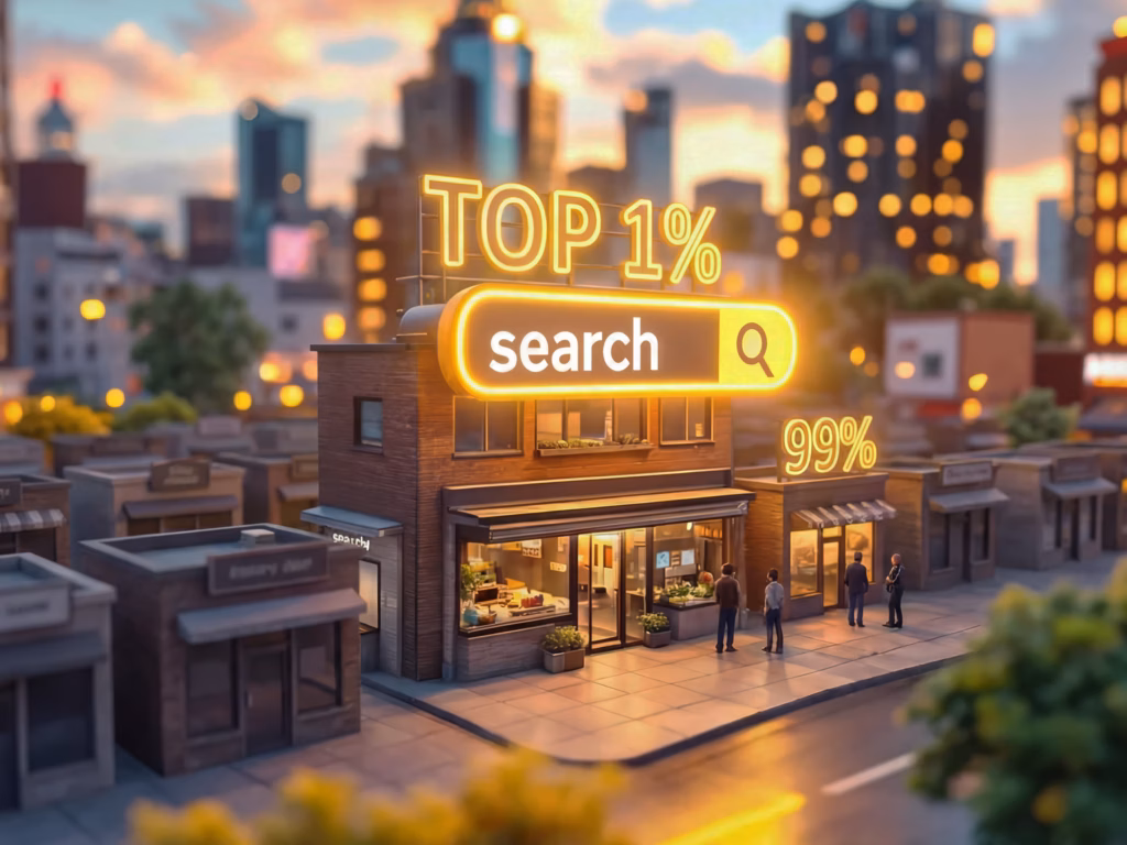 Ein lokales Unternehmen mit einer Suchleiste und dem darüber angebrachten Label “Top 1%”, das für überlegene lokale SEO-Strategien steht, die dem Unternehmen im Vergleich zu seinen Mitbewerbern eine größere Sichtbarkeit bei Google verschaffen.