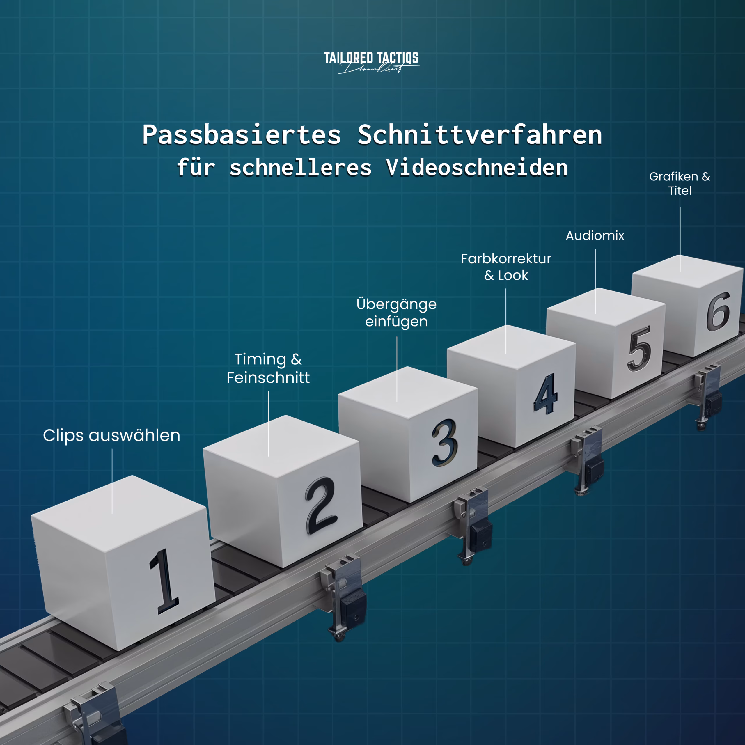 Eine Illustration des sechsstufigen, passbasierten Bearbeitungsworkflows für eine schnellere Videobearbeitung in Adobe Premiere Pro.