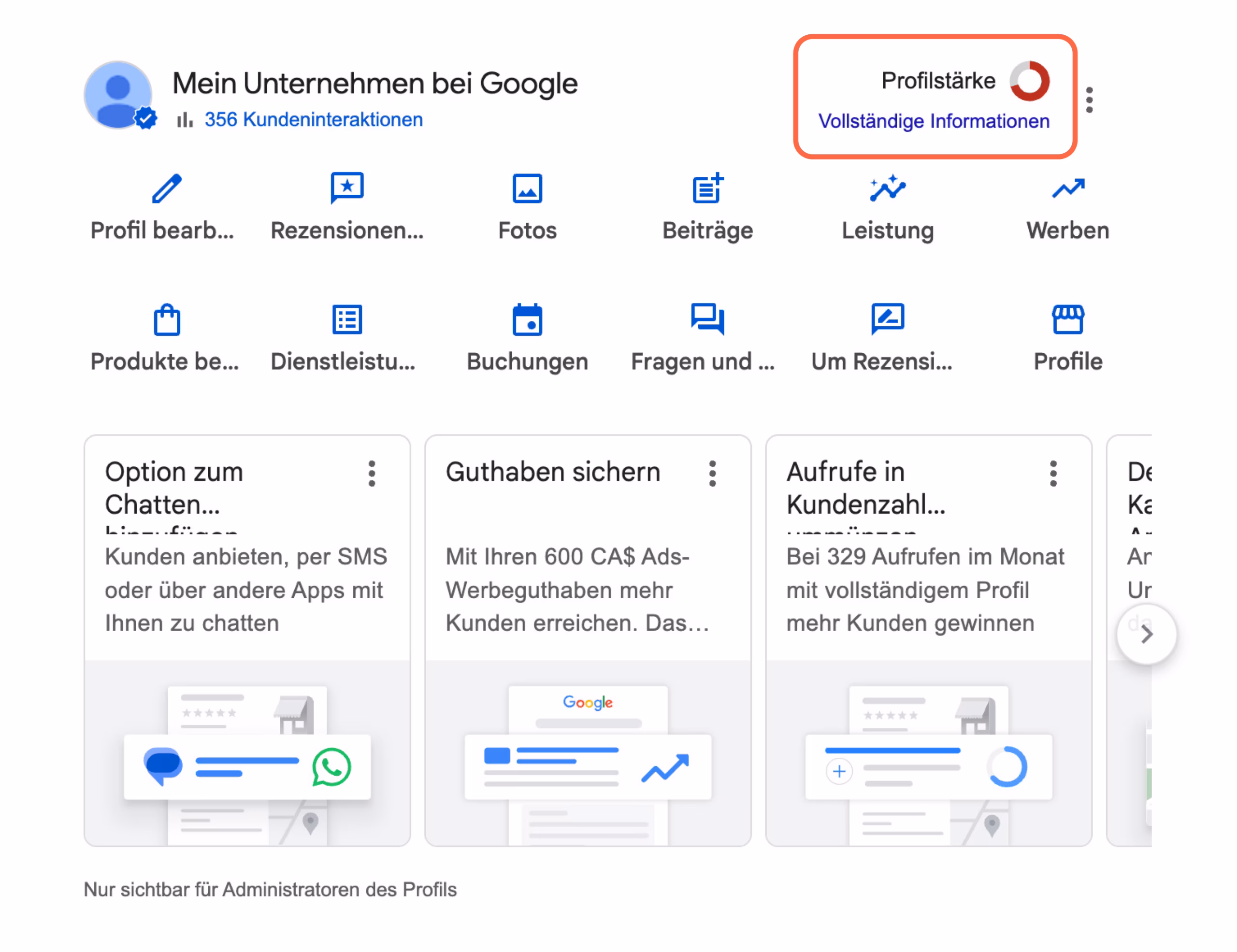 Screenshot eines unvollständigen Google-Unternehmensprofils (ehemals Google My Business).