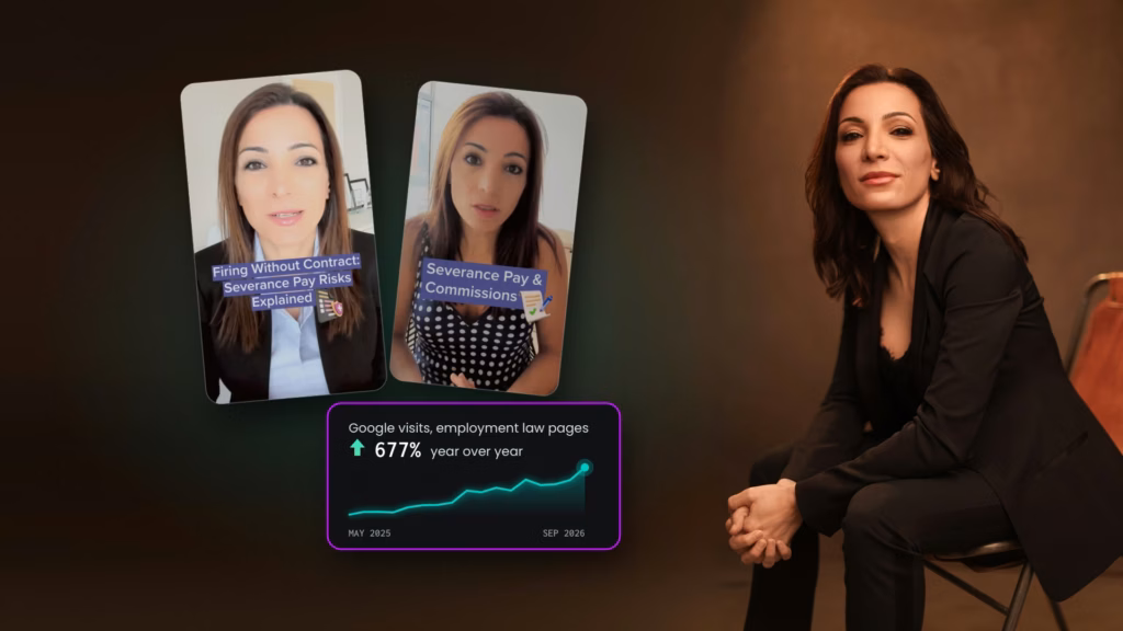 Leena Yousefi, CEO of YLaw, in a studio portrait beside two of her employment law videos and a chart of Google visits rising 677% year over year